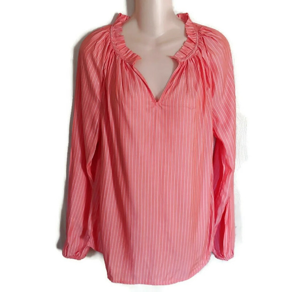 Nautica Peach Pinstripe Orange Split V-neck Vertical Stripe Blouse Size Women XS - Picture 2 of 11